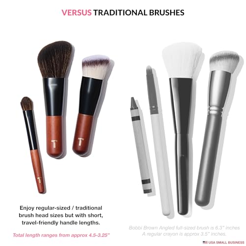 Cosme 9 FLAWLESS FACE MINI Short Handle Makeup Brush Set & Case - Travel Size Small Buffing Foundation, Powder, Concealer, Blush Bronzer Contour, Eyeliner, Brow, Eyeshadow in Natural & Synthetic Hair