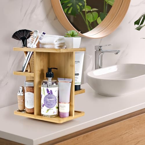 Sorbus 360¡Æ Makeup Organizer - Bamboo Wood Make Up Storage Carousel for Cosmetics, Skin Care Rotating Makeup Organizer for Vanity, Bathroom Storage