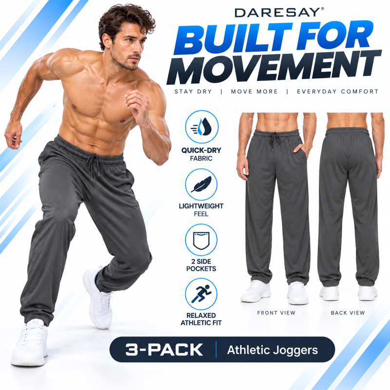 Men's Lightweight Quick-Dry Mesh Jogger Pants 3-Pack - Activewear