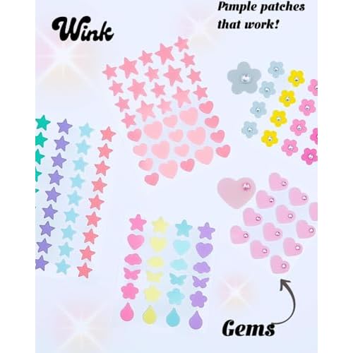 Wink Hydrocolloid Pimple Patches, 120-Count (Exclusive Gem/Bling Acne Stickers) Gentle Tea Tree & Centella For Face Skincare - Star, Heart, Flower And Cloud Shapes, Teen Tween Girl Facial Treatment