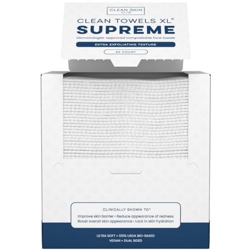 Clean Skin Club Clean Towels XL¢ç Supreme, 100% USDA Biobased Face Towel, Disposable Face Towelette, Eczema Association Accepted, Thicker Textured Dry Wipes, Ultra Absorbent & Soft, 1 Pack, 50 Ct