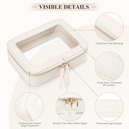 Clear Makeup Bag, Travel Toiletry Bag Cosmetic Case for Women, Waterproof Portable Make Up Skincare Pouch with Zipper, Compact Car Organizer Bag for Essentials, Mini & Medium, Ivory White