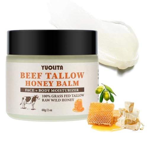 Beef Tallow for Skin, Beef Tallow and Honey Balm, Unscented Grass-Fed Beef Tallow & Raw Wild Honey Balm, All-Natural Moisturizer Hydrating Nourishing for Face & Body - 2 oz