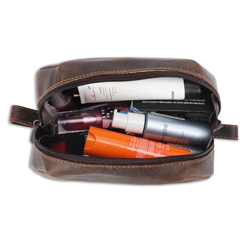 Leather Travel Makeup Bag Organizer for Women, Clear and Large Makeup Case with Brush Holders, Countertop Organizer, Large Makeup Pouch, Professional Makeup Toiletry Kit Bag (Brown)