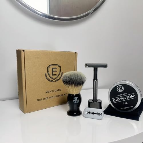 Wet shaving kit Men's Travel - Essential Shaving Brush Set - with Shaving Brush, Sandalwood Scented Shave Soap, High - Quality Zinc-Alloy Razor, Travel Bag & Gift Box