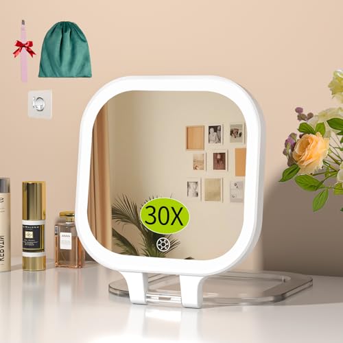 FUNTOUCH 30X Magnification Lighted Makeup Mirror, 7" Rechargeable Double Sided Travel Vanity Mirror with Lights, 3 Color Lights & Adjustable Brightness, 300¡ÆRotation, Gift for Women,White