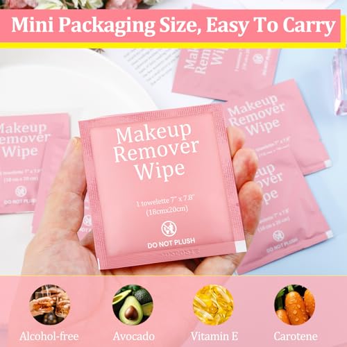200 Pcs Individual Makeup Remover Wipes Bulk,Individually Wrapped Travel Makeup Wipes,Alcohol Free Face Cleansing Wipe, Remover Wipe with Vitamin E for Travel, Hotel Skin Care(Pink)