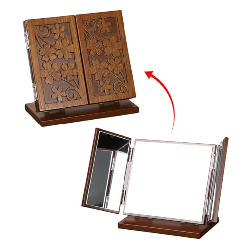 VALICLUD Wood Carve Pattern Folding Three-Sided Makeup Mirror with Stable Base 7.08X6.88X3.93 Inch Desktop Vanity Mirror for Home Use