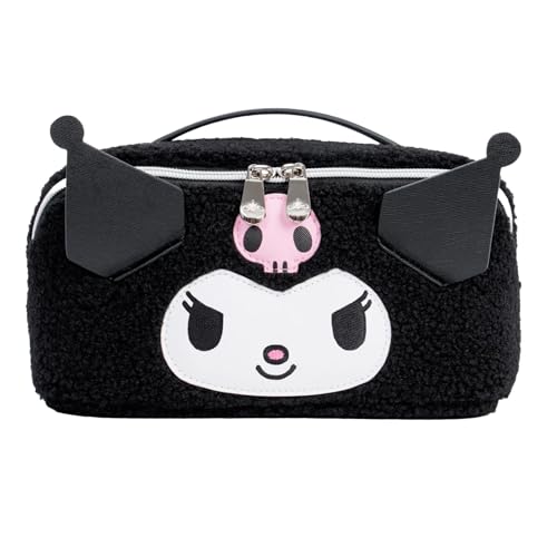 Impressions Vanity Kuromi Unfold Travel Makeup Bag Organizer, Opens Flat Zippered Cosmetic Bag with Cozy Sherpa Fabric Texture, Dual Compartments, Inner Pockets, and Top Carrying Handle