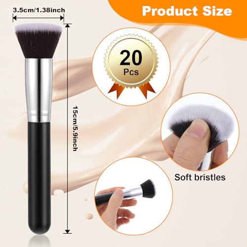 20 Pcs Makeup Brushes Bulk, Flat Top Foundation Brush Bulk, Liquid Cream Powder Foundation Contour Blush, Eye Shadow Blending Liner Make up Kit for Wedding Artist (Black)
