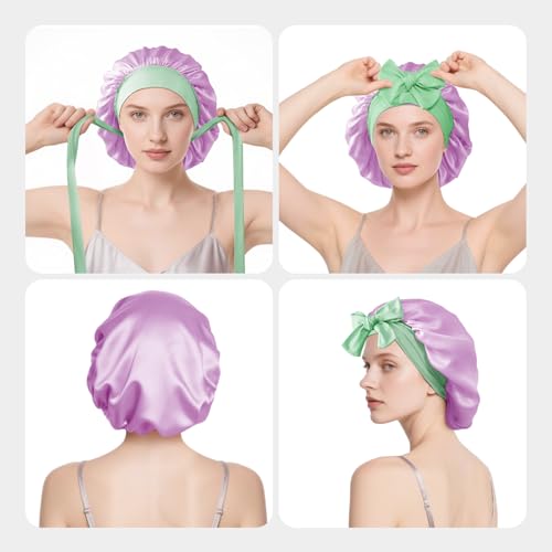 Double-Layer Mulberry Silk Bonnet for Sleeping Women 22 Momme 6A with Adjustable Ties, 13 Inch Anti-Frizz Sleep Hair Bonnet for Hair Protection, Includes Silk Scrunchie, Purple