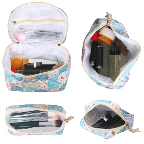 Cute Makeup Bag for Women(2 Pcs), Travel Cosmetic Bags, Quilted Coquette Aesthetic Floral Toiletry Organizer Bag (43 - Grid Rose/4PCS)