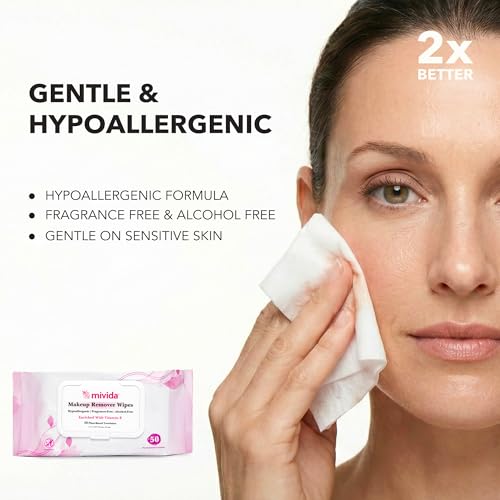 mivida Hypoallergenic Makeup Remover Wipes Bulk with Vitamin E, Plant-Based Facial Wipes, Alcohol Free, Fragrance Free Makeup Wipes Remover for Spas, VRBO (Boxed 10 Packs x 50 Wipes) Total 500ct
