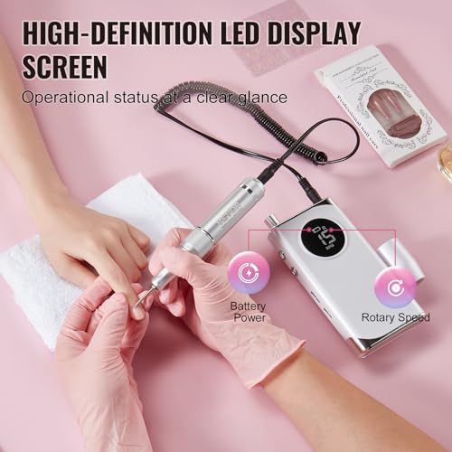 VEVOR Electric Rechargeable Nail Drill, 40,000RPM Portable Cordless Nail E File Machine, LCD-Display Acrylic Gel Grinder Tool with 6 Bits and 50PCS Sanding Bands for Manicure Pedicure Carve Polish