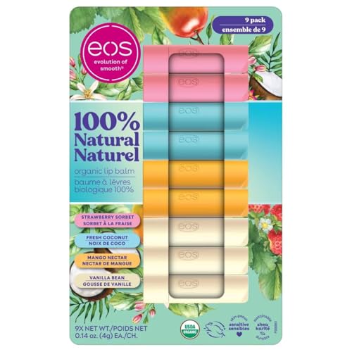 Eos Natural and Organic Shea Lip Balm Stick, 9-pack, 2 strawberry sorbet, 2 fresh coconut, 2 mango nectar, and 3 vanilla bean.