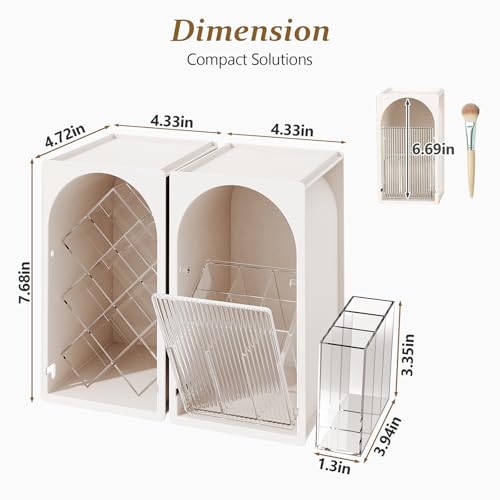 FOLLOWIN Compact Makeup Organizer for Vanity,Lipstick Holder with Grid & Makeup Brush Organizer with Flip Drawer,Cosmetic Organizer Set for Cosmetics,Brushes,Lipsticks,Milk White & Clear