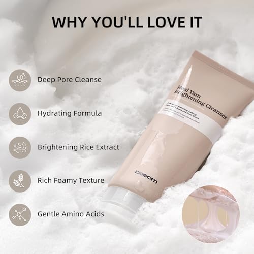 DEEOM Real Yam Brightening Cleanser, Gentle Foaming Face Wash for Sensitive Skin with Rice Water, Hydrating & Deep Pore Cleansing, Korean Skincare, 6.76 oz