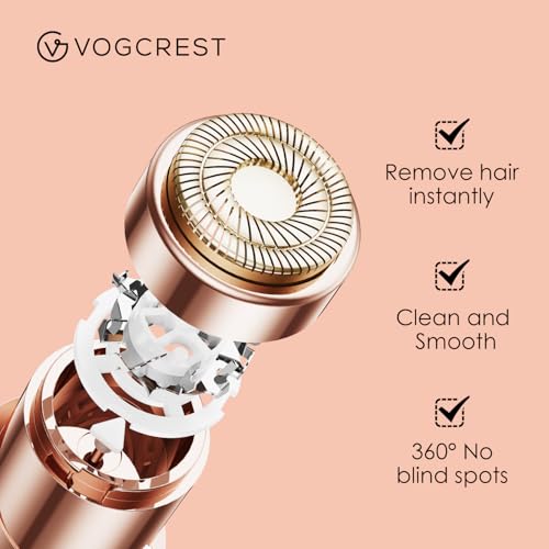 VG VOGCREST 2 in1 Eyebrow Facial Trimmer with Replacement Heads - Rechargeable Facial Hair Removal and Eyebrow Shaver - Face Lips Body Painless Facial Razor with Built-in LED Light (Rose Gold)