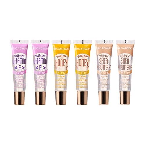 6 pcs Broadway Vita-Lip Gloss High Shine Long Lasting 2 Honey + 2 SHEA BUTTER + 2 Vitamin E Oil by RubyKisses Cosmetics