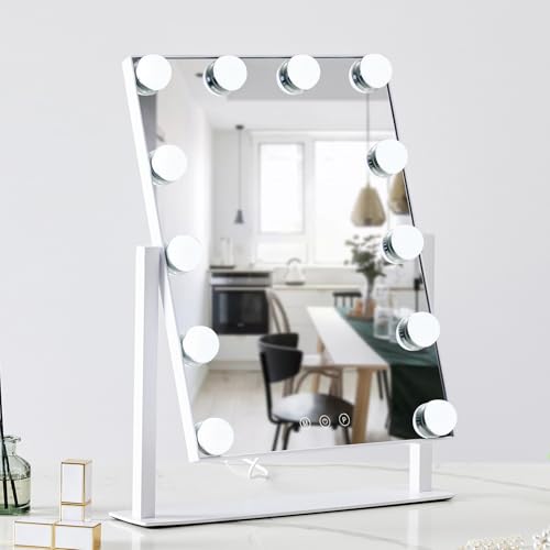 HIEEY Hollywood Vanity Mirror with 12 Dimmable Bulbs Lights, Three Color Lighting Modes, and 5X Magnification, Smart Touch Control, 360¡ÆRotation (White,Gift Box)
