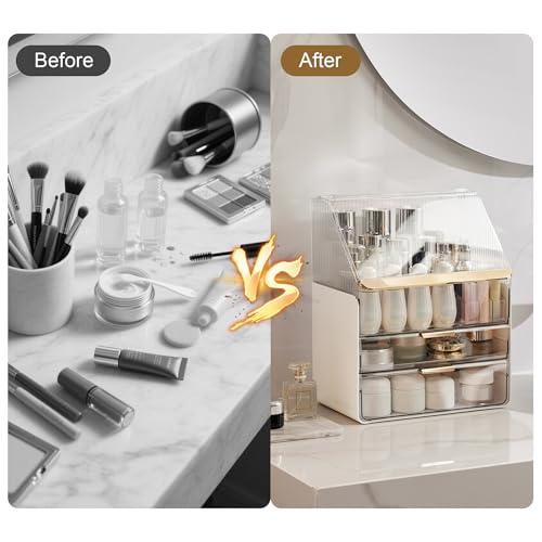 JOYMOOP Makeup Organizer with Transparent Cover, Skincare, Lipstick and Perfume Storage, Cosmetic Organizer, Makeup Box for Bathroom Countertop or Vanity Desk, White & Gold
