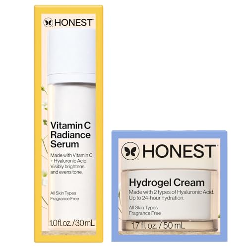 Honest Beauty Moisturizing Hydrogel Cream + Vitamin C Brightening Serum Bundle | Gentle for Sensitive Skin, Fragrance Free, Vegan | 1.7 fl oz, 1 fl oz