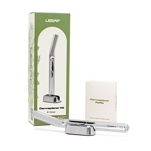 Leaf Shave | Leaf Dermaplaner Kit, All-Metal Reusable Dermaplane Razor and Exfoliating Tool for Women, Includes Matching Stand and 10-Pack of Refills - Chrome
