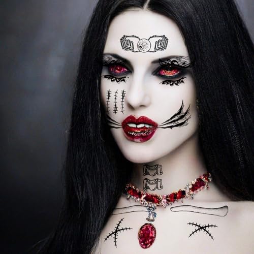 Halloween Face Eye Tattoo Stickers Black Butterfly Eye Shadow Devil Face Skeleton Mouth Spider Web Temporary Tattoo Stickers for Makeup Halloween Masquerade Carnival Party Face Decoration 14 Sheets