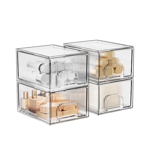 ZHIAI 4 Pack Clear Stackable Storage Drawer, Acrylic Drawer, Cosmetic Organizer, Plastic Organizer for Dresser, Under, Kitchen Cabinet, Pantry, Home Organization and Storage