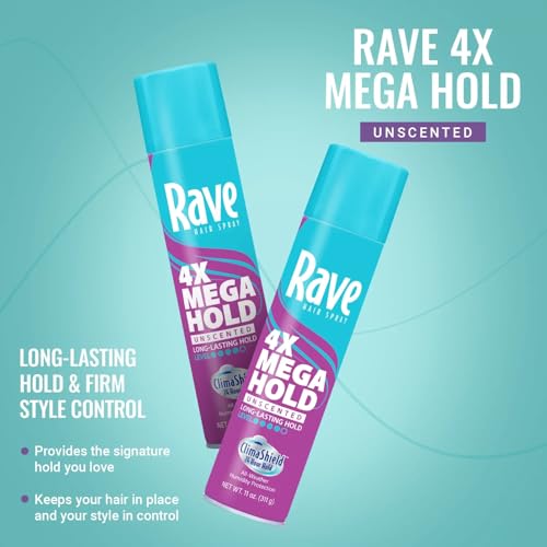 Rave 4X Mega Unscented Aerosol Hairspray - Hair Spray for High Humidity Weather - 24-Hour Lasting Hold - Vitamin-Enhanced Hair Volume Spray - 2 pc