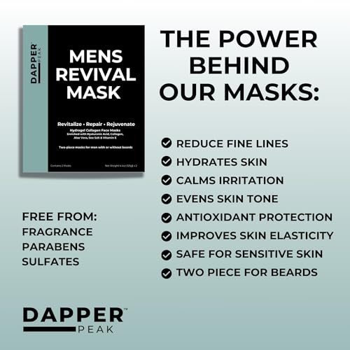 Mens Revival Mask|2pc Hydrating Hydrogel Mens Face Mask with Hydrolyzed Marine Collagen, Vitamin E, Hyaluronic Acid, Aloe|Oversized, Beard-Friendly Sheet Mask for Men| Relaxing Collagen Face Mask