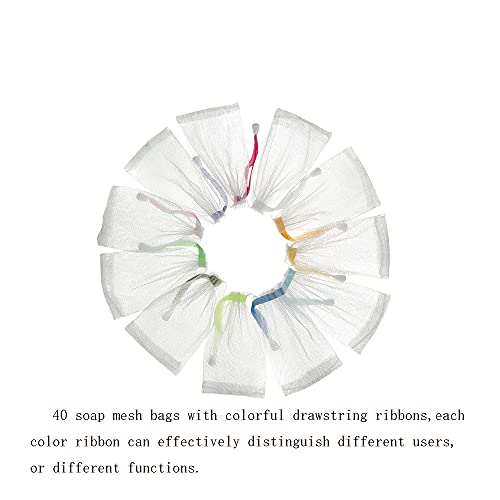 40PCS Exfoliating Soap Mesh Saver Pouch Bag and 3 PCS Transparent Hook and 5 PCS Transparent Spring Cord Plastic Lock for Shower Face Washing,Easy to Bubble and Store Small Soap