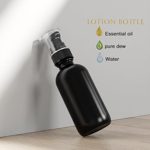 12Pack 2oz Black Glass Pump Bottles, 60ml with Black Pump, Empty Refillable Travel Small Container For Lotion Cream Essentil Oil Shampoo (60mlpumpBLK)