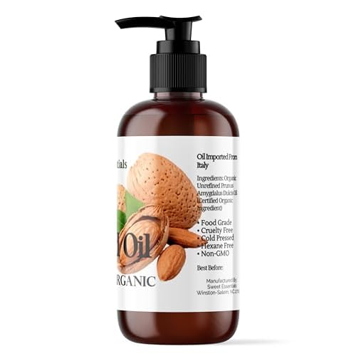 Organic Unrefined Virgin Sweet Almond Oil | Imported From Italy | 100% Pure | Cold Pressed | Hexane Free | Carrier Oil (8 Fluid Ounces)