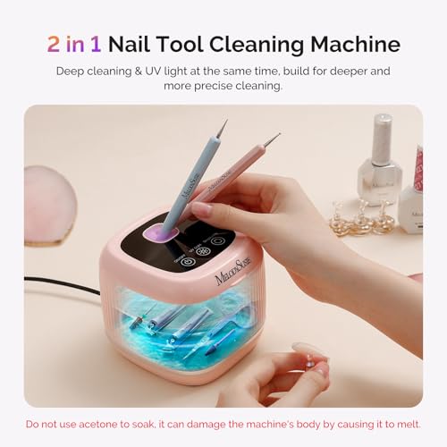 MelodySusie 2 in 1 Nail Tool Cleaning Machine, 3 Timers Mode for Nail Drill Bits, Nail Art Brush, Nail Clipper, Jewelry Cleaning, Salon & Home Use, Pink,DL-160