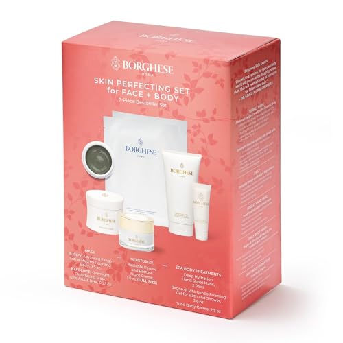 Borghese 7-Piece Skin Perfecting Gift Set - Includes Mud Mask, AHA BHA Overnight Mask, Night Face Cream, Hand Sheet Masks, Shower Gel, & Body Cream