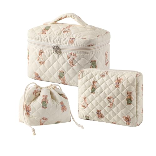 uekeboag 2 pcs Large Floral Quilted Makeup Bag Set for Women, Cotton Quilted Big Cosmetic Bag, Coquette Aesthetic Cute Travel Toiletry Bag