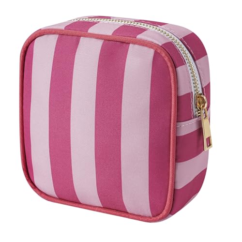 Small Stripe Makeup Bag for Purse, Mini Cosmetics Bag with Zipper, Cute Cosmetic Pouch for Women Girls, Key Pocket Lipstick Pouch Card Holder Data Cable Organizer(01 Rose Pink Stripes)