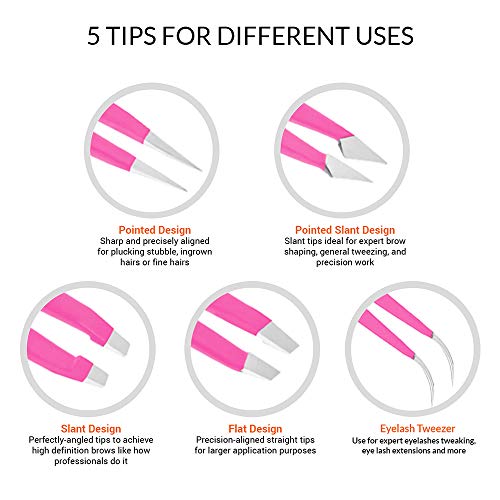 Tweezers Set - Professional Stainless Steel 5-Piece Precision Tweezer for Men & Women - Great for Facial Hair Removal, Eyebrow Shaping, Splinters & Ingrown (Pink)