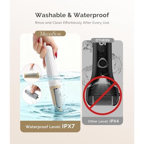 MelodySusie Electric Callus Remover for Feet, PC800G IPX7 Waterproof Rechargeable Pedicure Tool with LED Light & 3 Grits Roller Heads & Adjustable Speeds, for Dead Skin & Cracked Heel, White Gold