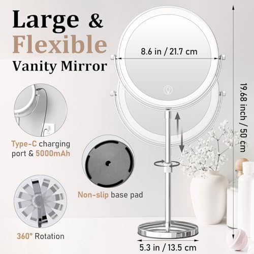 9in Vanity Mirror with Lights, Rechargeable 5000mAh Lighted Makeup Mirror, 1X/20X Double Sided Magnifying Mirror, 360¡Æ Rotate, 3 Color Lights, Up to 3800lux with 60 LEDs, Brightness Adjustable,Silvery