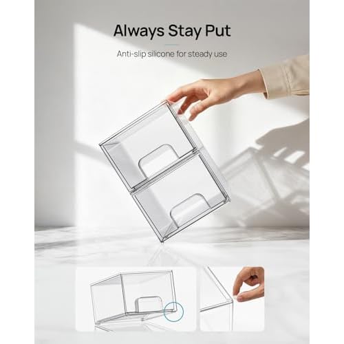 Vtopmart 4 Pack Small Clear Stackable Storage Drawers,Acrylic Bathroom Makeup Organizer,Plastic Storage Bins For Vanity, Undersink, Kitchen Cabinets, Pantry, Home Organization