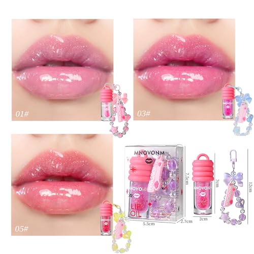 3 Colors Hydrating Lip Oil with Bracelet Keychain, Color Changing Lip Glow Oil Long-Lasting Moisture, Lip Gloss Flavoring Oil With Vitamin E Moisturized Shiny Lips for Girls