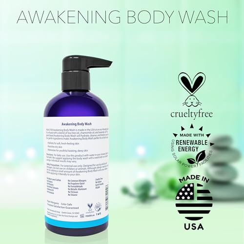 PURA D'OR 16 Oz Awakening Body Wash with Aloe Vera, Chamomile, Lavender, Tea Tree and Natural Nutrients - pH Balanced for Moisturized Soft, Fresh-Feeling Skin, All Skin Types, Men & Women