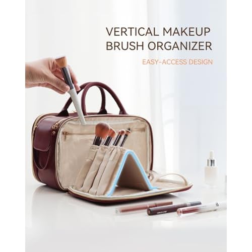 Prite Travel Makeup Bag Women¡¯s Large Capacity Waterproof Cosmetic Organizer Portable Open Flat Toiletry Case with Free-standing Brush Holder and Handle(Burgundy Large)