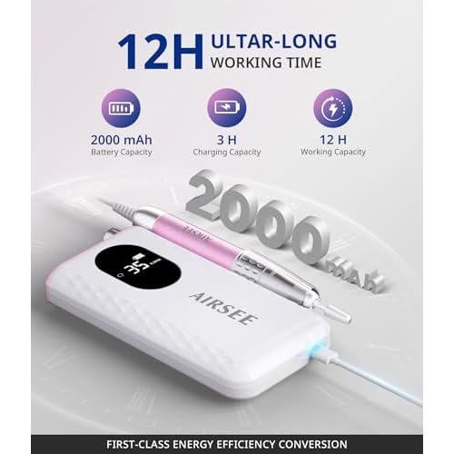 AIRSEE Updated Professional Nail Drill,Rechargeable Cordless Efile Machine for Acrylic Extension Gel Dip Powder Powerful Portable Efile 56 Sanding Bands 7 Bits,Low Noise Low Heat,G7 Pink