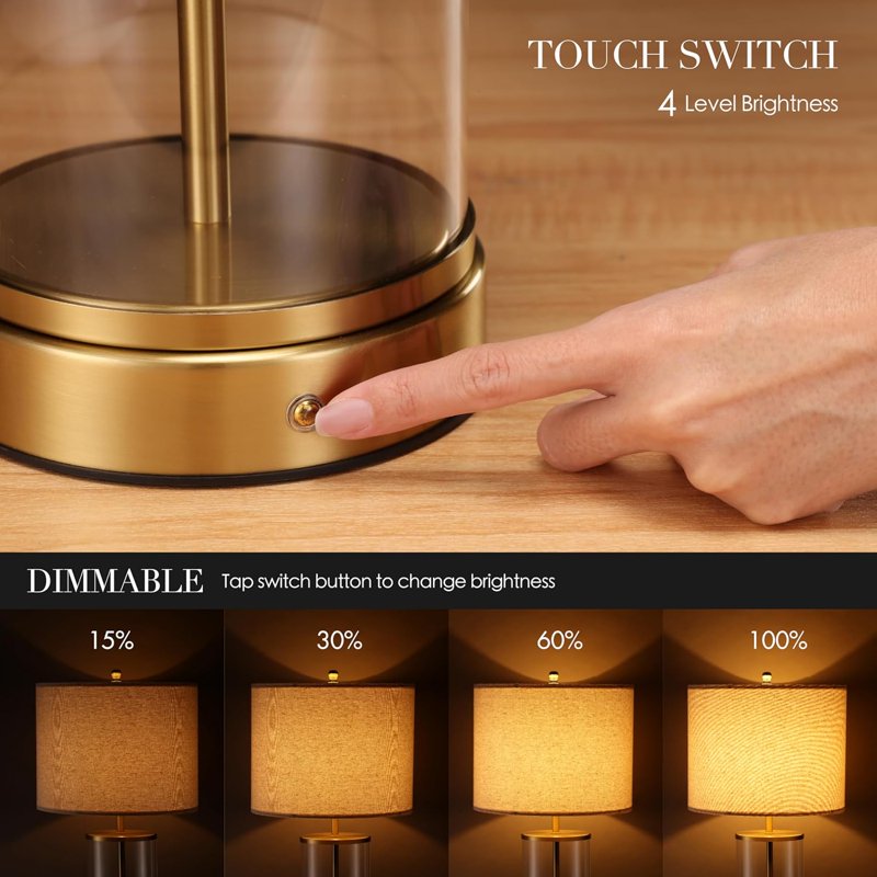 Cordless Battery-Powered Table Lamp with Touch Dimming - 24 Inch Glass Bedside Lamp