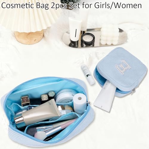 Meisohua 2 Pieces Personalized Initial Makeup Bag Set for Girls Women Cosmetic Pouch Corduroy Travel Toiletry Bag Organizer Storage Purse Pouch - Blue M