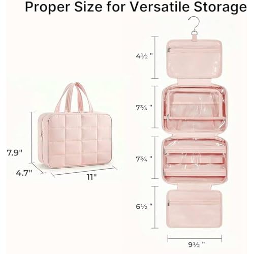 Travel Toiletry Bag for Women,Portable Hanging Makeup Organizer with Jewelry Organizer,Cosmetic Travel Bag for Toiletries,Full Sized Shampoo,Conditioner,Pink