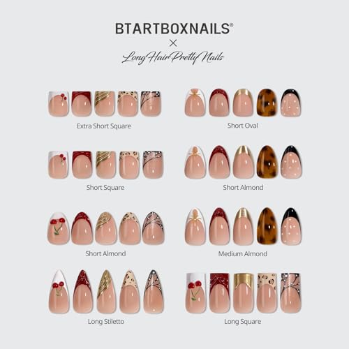 BTArtboxnails X LONGHAIRPRETTYNAILS Press On Nails - Whispers of Glamour, 5 Designs Mix Match Medium Almond French Tip Press On Nails, 150 Pcs Salon Quality Soak Off Soft Gel Nail Tips in 15 Sizes